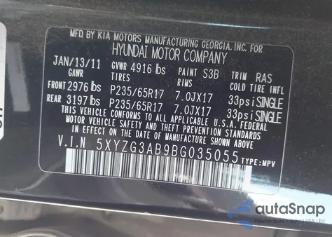 2011 Hyundai Santa Fe Gls из США, поврежденный, VIN 5XYZG3AB9BG035055